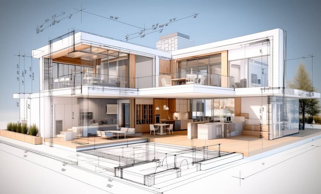 A 3D architectural visualization rendering showing a modern residential building using advanced content creation software.