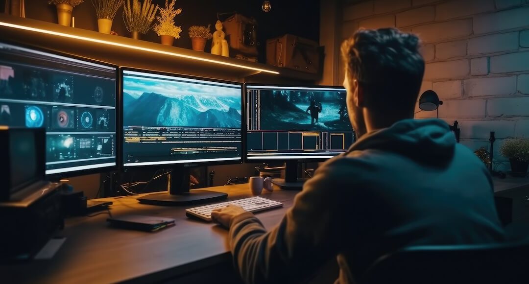 An editor sitting at a computer using AI in media production techniques.