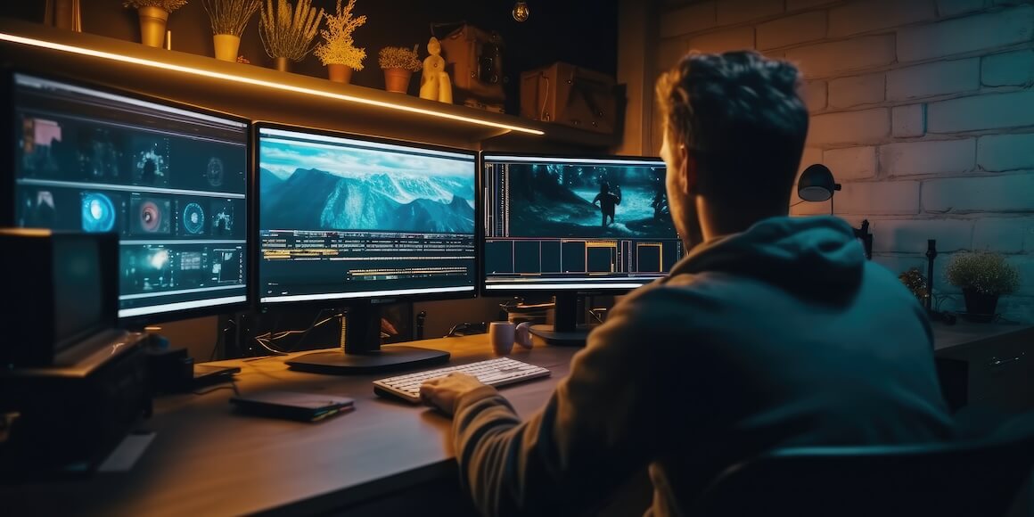 An editor sitting at a computer using AI in media production techniques.